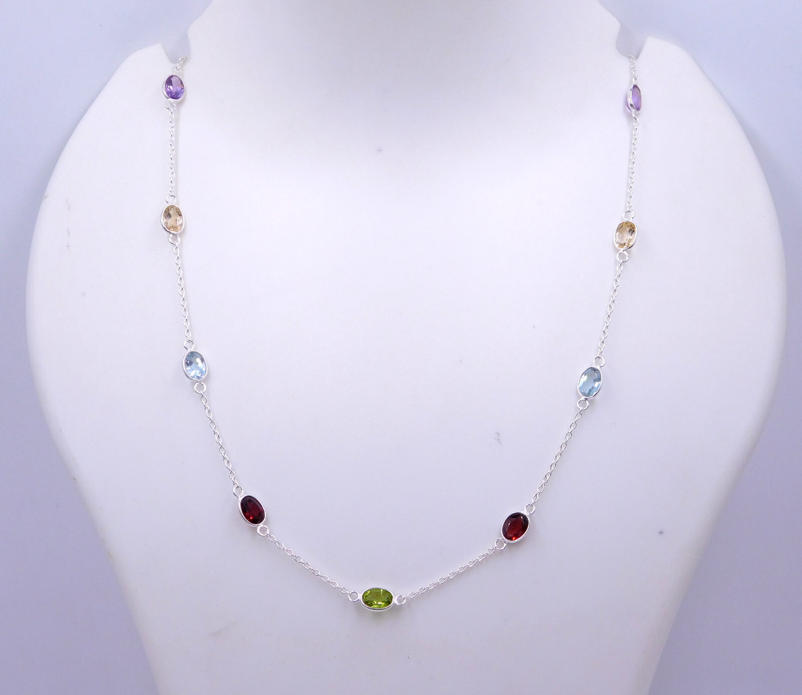 5.10 Gm 925 Sterling Silver Natrual Multi Gemstone Bezel Necklace Size 18.25″