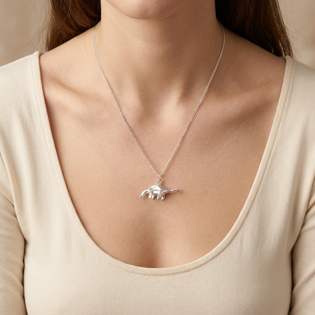 Sterling silver Loch Ness monster dinosaur pendant necklace on 18 inch chain