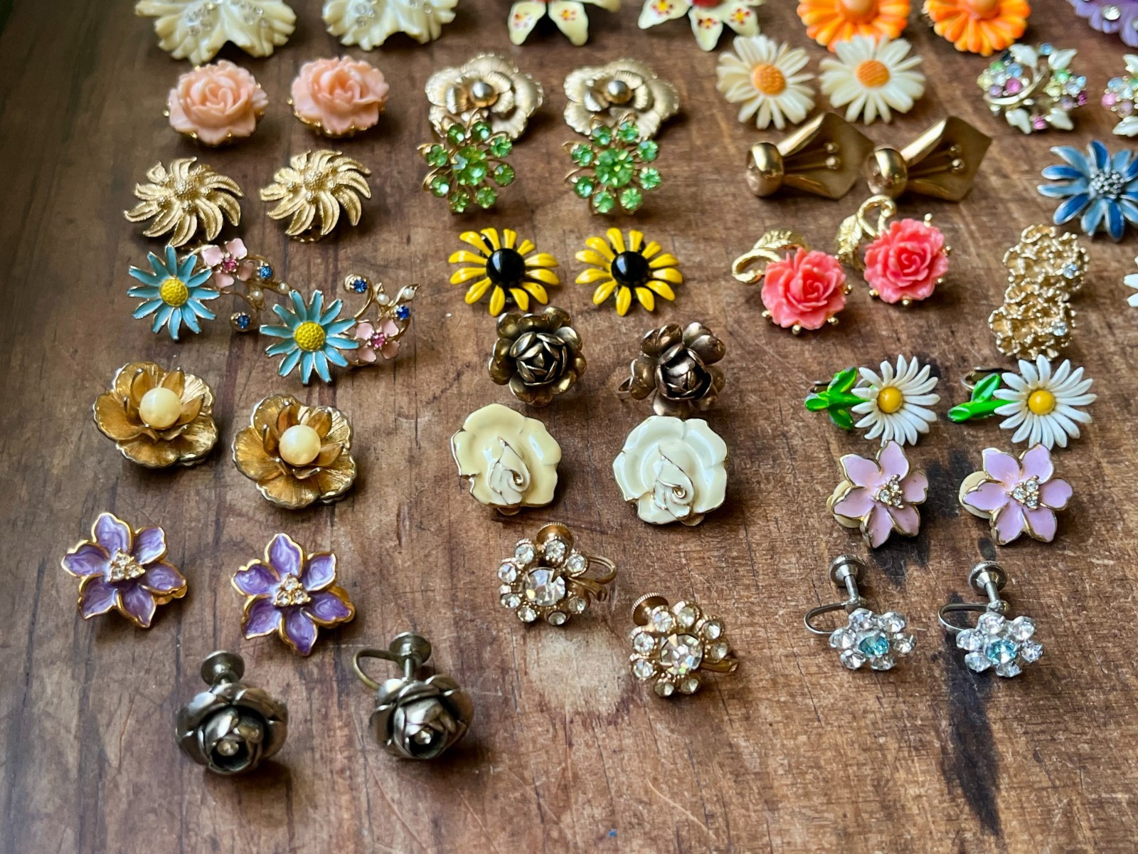 Huge Vintage Flower Earring Pairs Lot Enamel Rhinestone Coro Avon W Germany Etc.