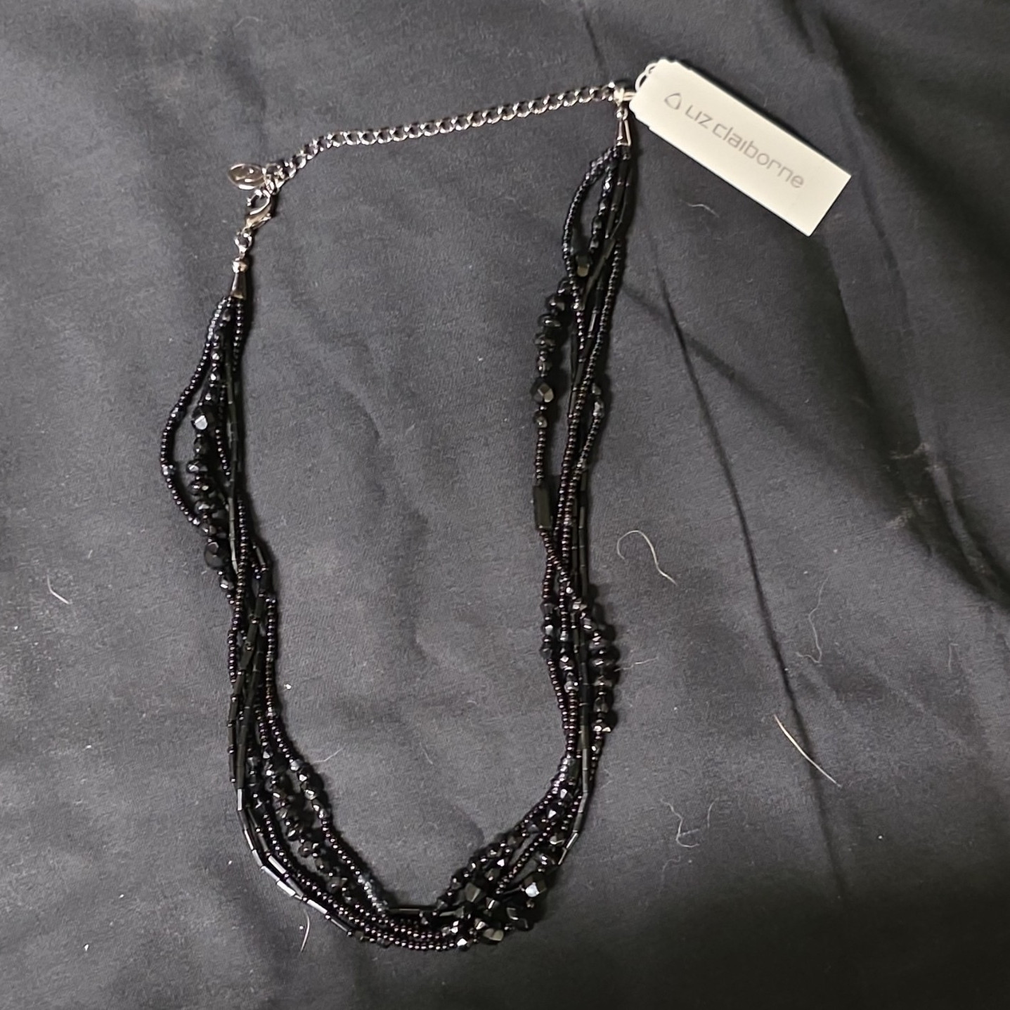Liz Claiborne Black Silver Multi-Strand Beaded Crystal Necklace Lobster Clasp