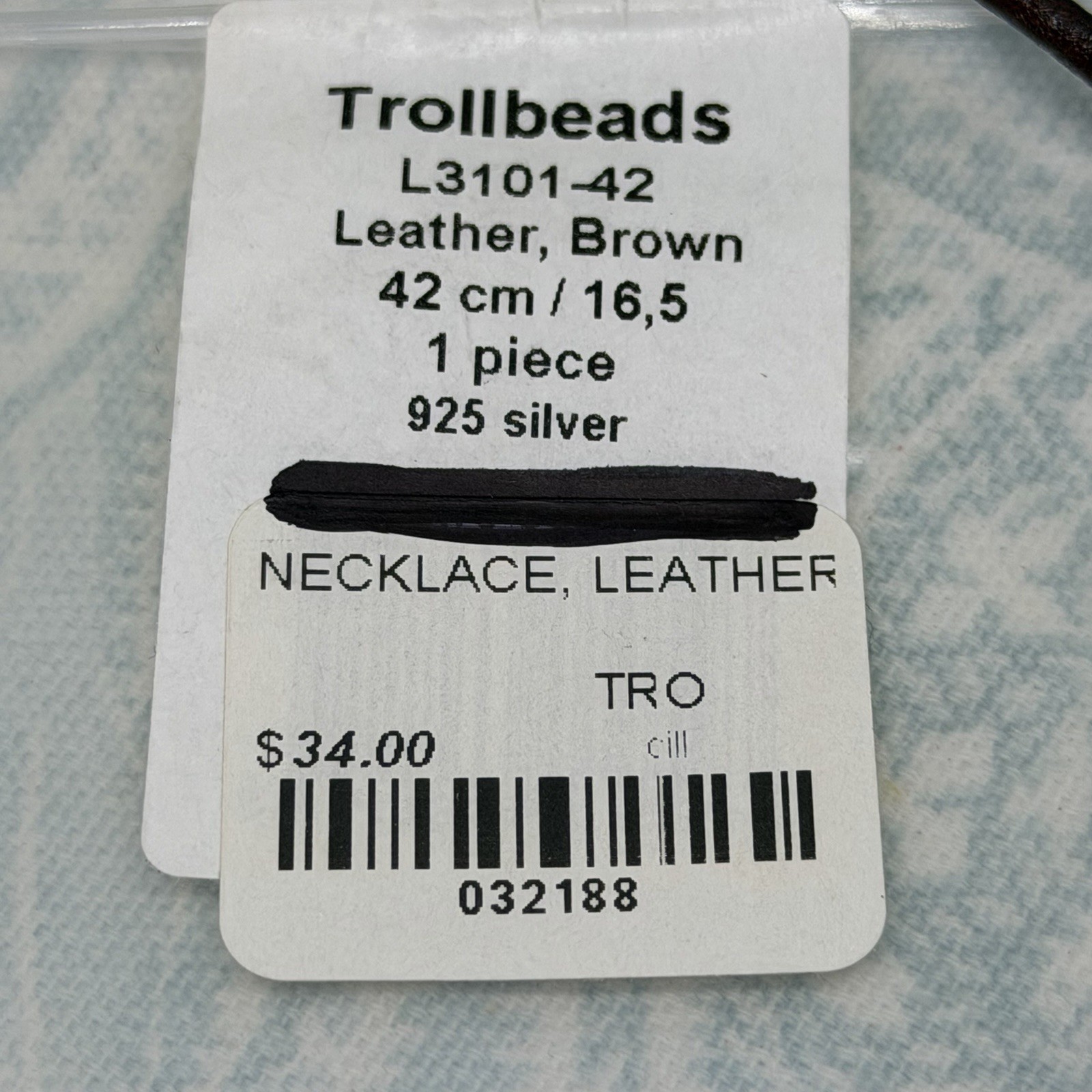 Authentic Trollbeads Brown Leather Necklace 16.5 inch/42 cm, New