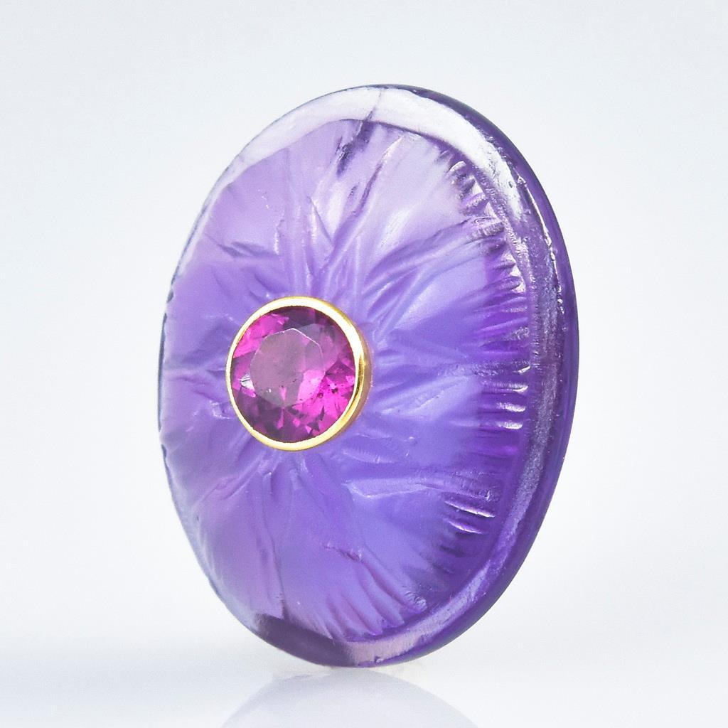 1.95 g Carved Lotus Purple Amethyst Cabochon & Rhodolite Gemstone Inlay 17x13mm