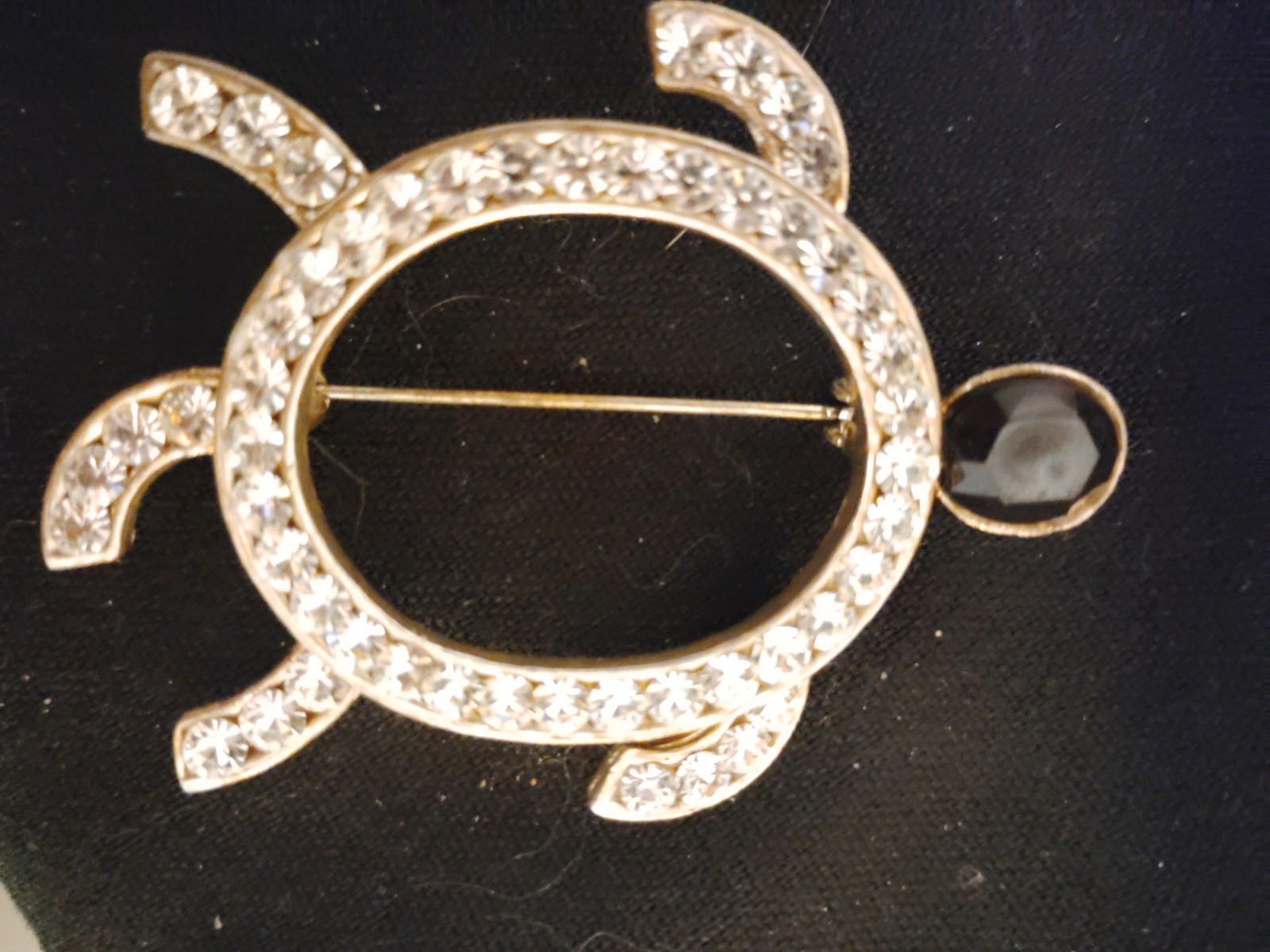 Silver Tone Turtle Brooch Pin Clear Round Pavé Rhinestones Black Accent