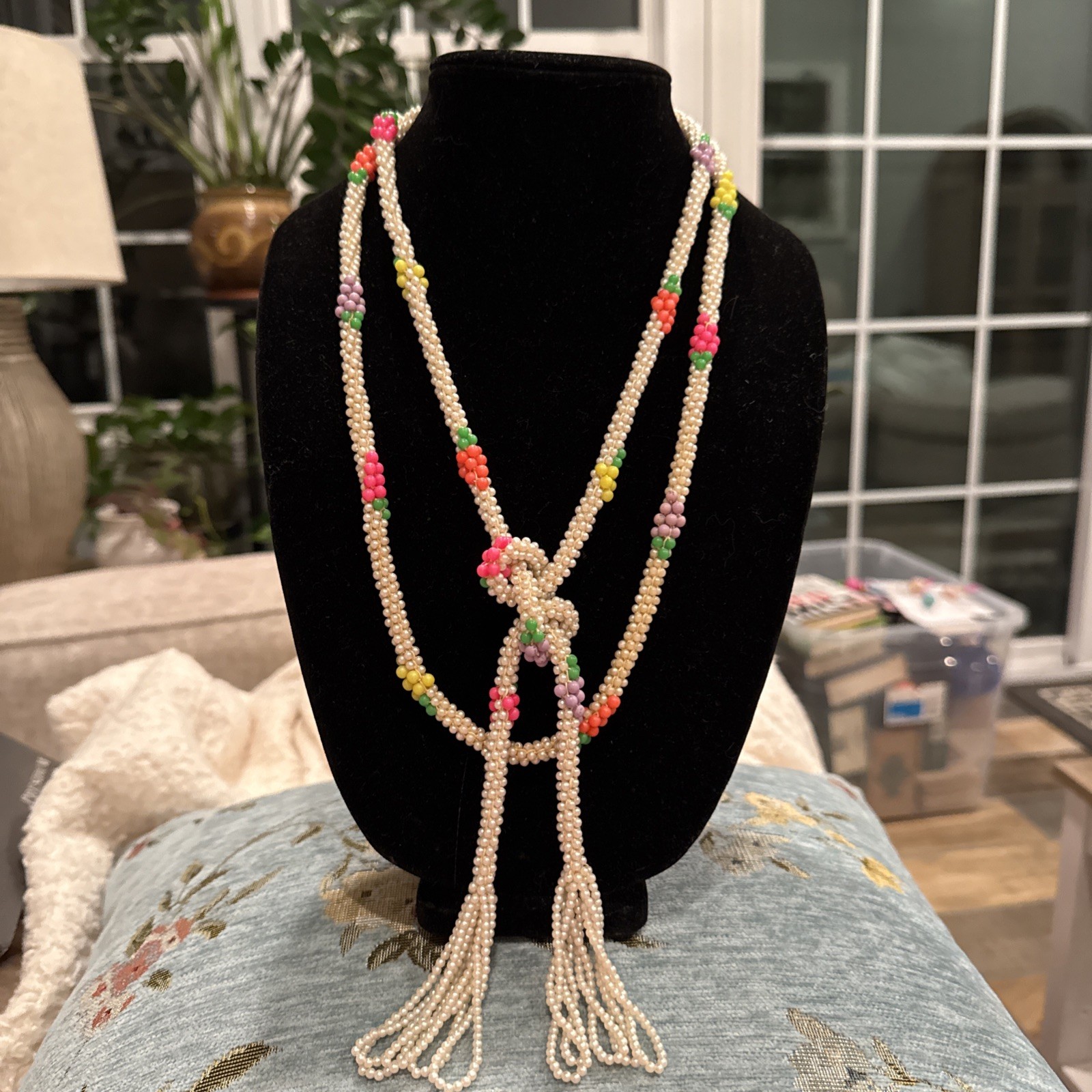 Vtg MCM Crocheted Seed PearlsRope Lariat, Elegant Flapper Floral/Grapes Sautoir