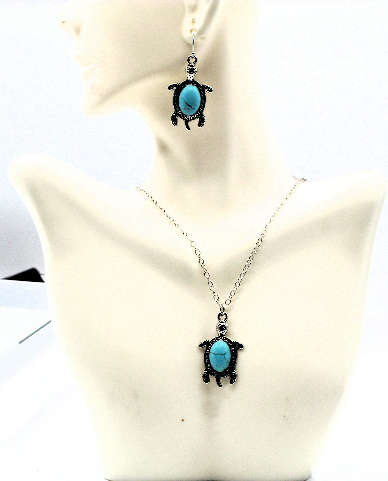 Silver Tone Turtle Necklace and Earring Set, Turquoise Stone, 16.5″ & Extender