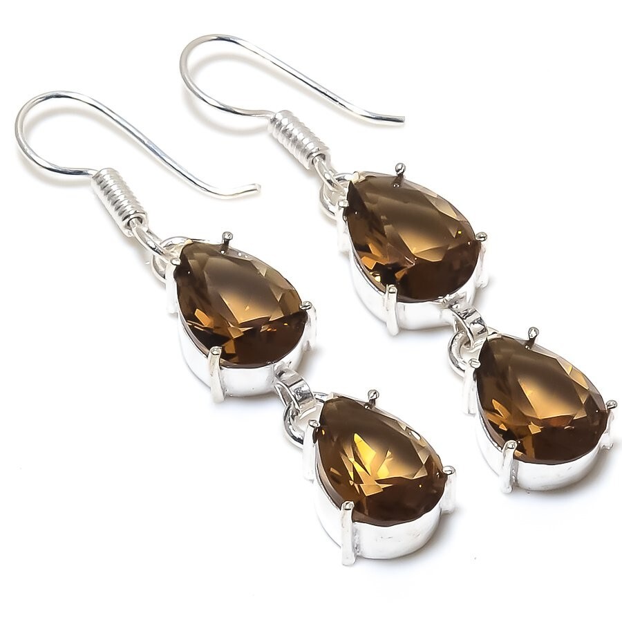 Smoky Topaz Gemstone 925 Sterling Silver Handmade Jewelry Earring Size 2.25″