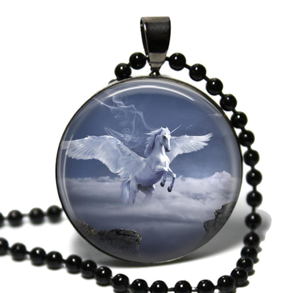 Fantasy Flying Pegasus Glass Top Pendant Necklace Handcrafted Gift