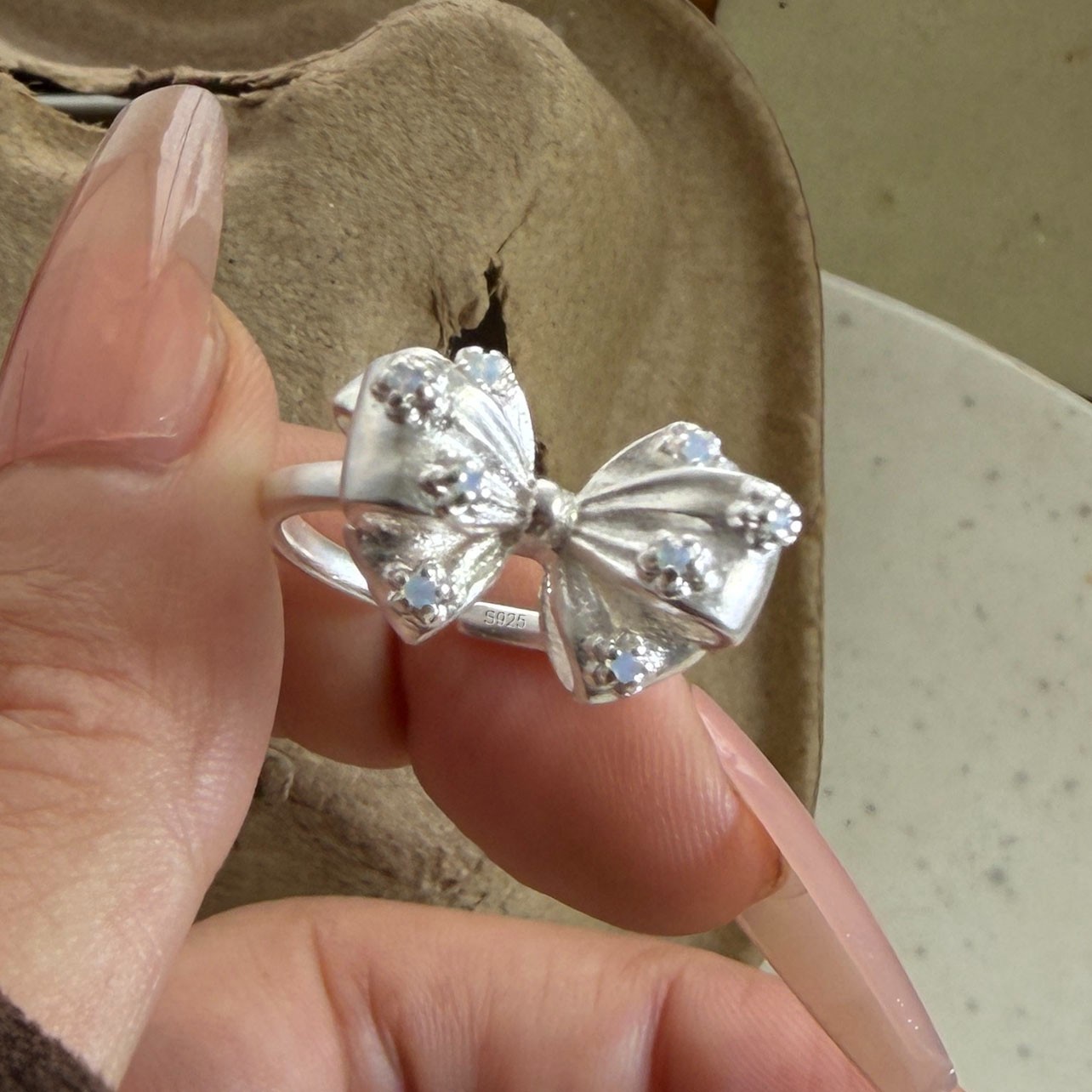 925 Sterling Silver Butterfly Bow Moon Star Zircon Adjustable Open Ring Women