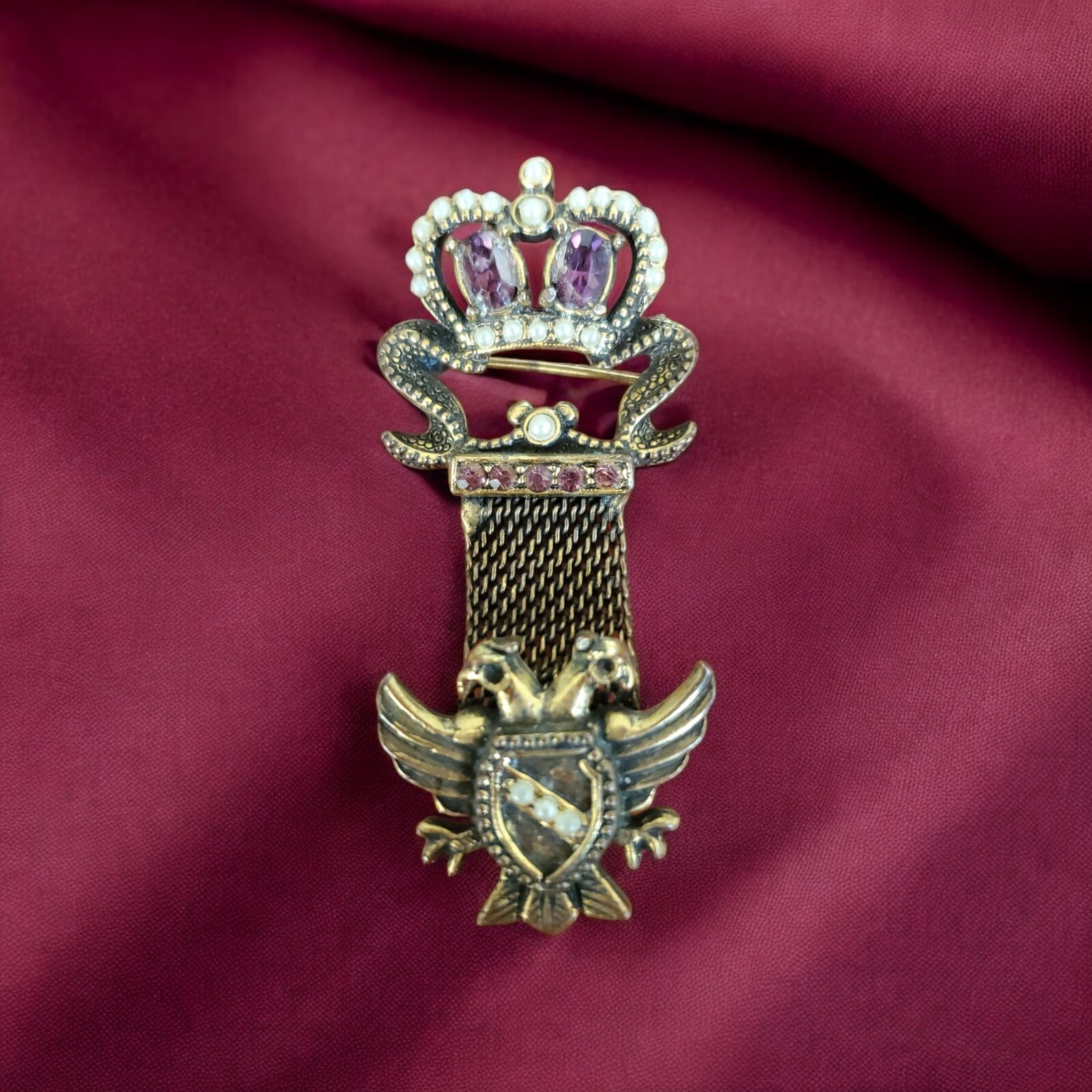 Vintage Victorian Mesh Drop Brooch Pin Gold Tone Amethyst Faux Pearl Crown Eagle