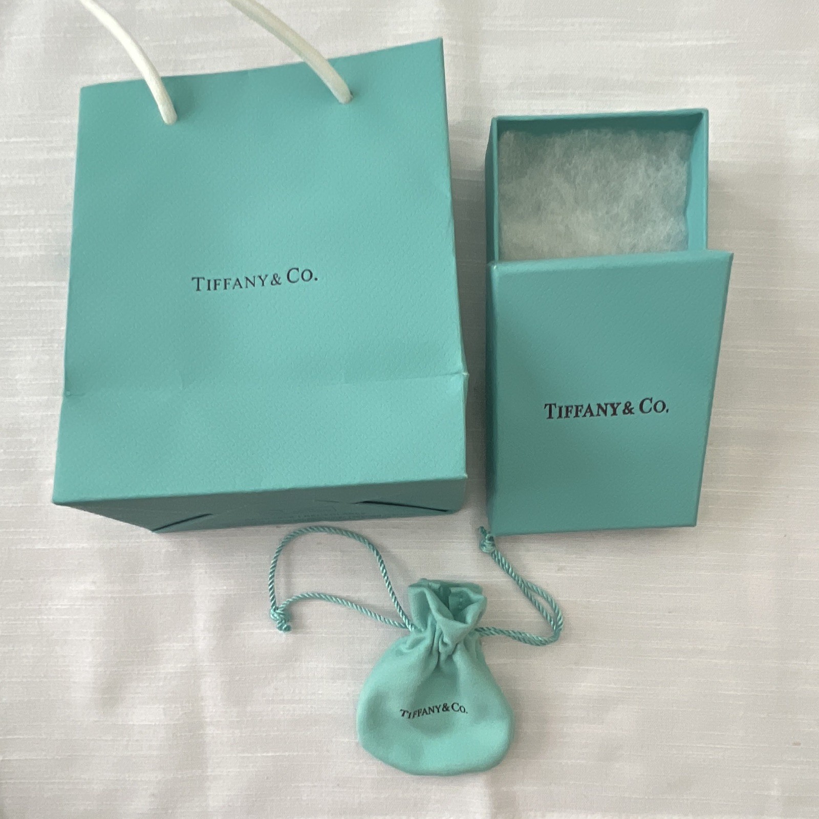 Tiffany & Co. Blue Lined Jewelry Gift Box Set w/ Pouch & Shopping Bag