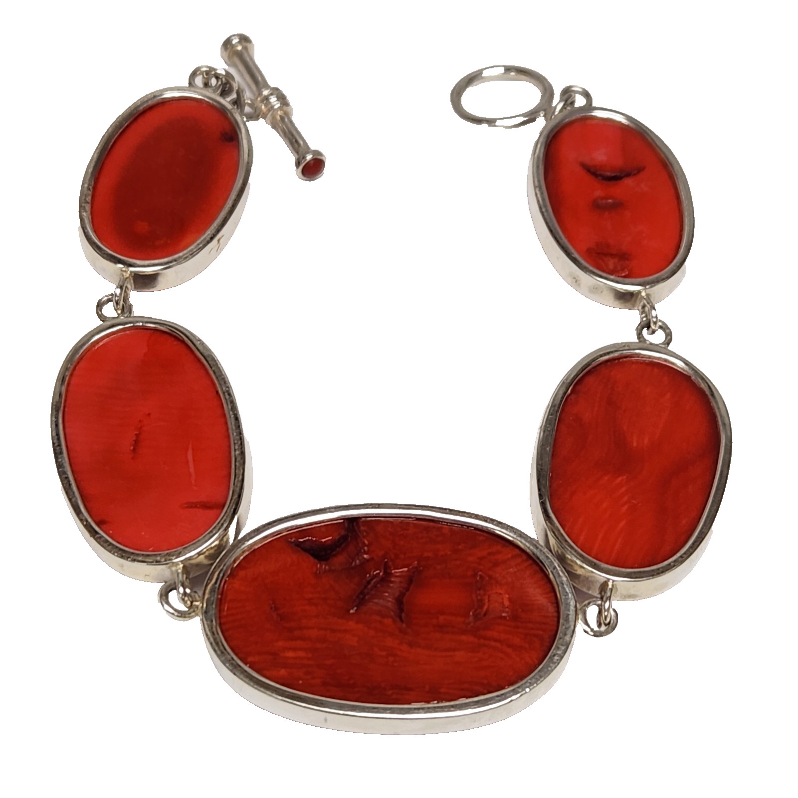 Carved Deep Red Coral Cherub ANGEL Link 5 Panel Sterling Silver Toggle Bracelet