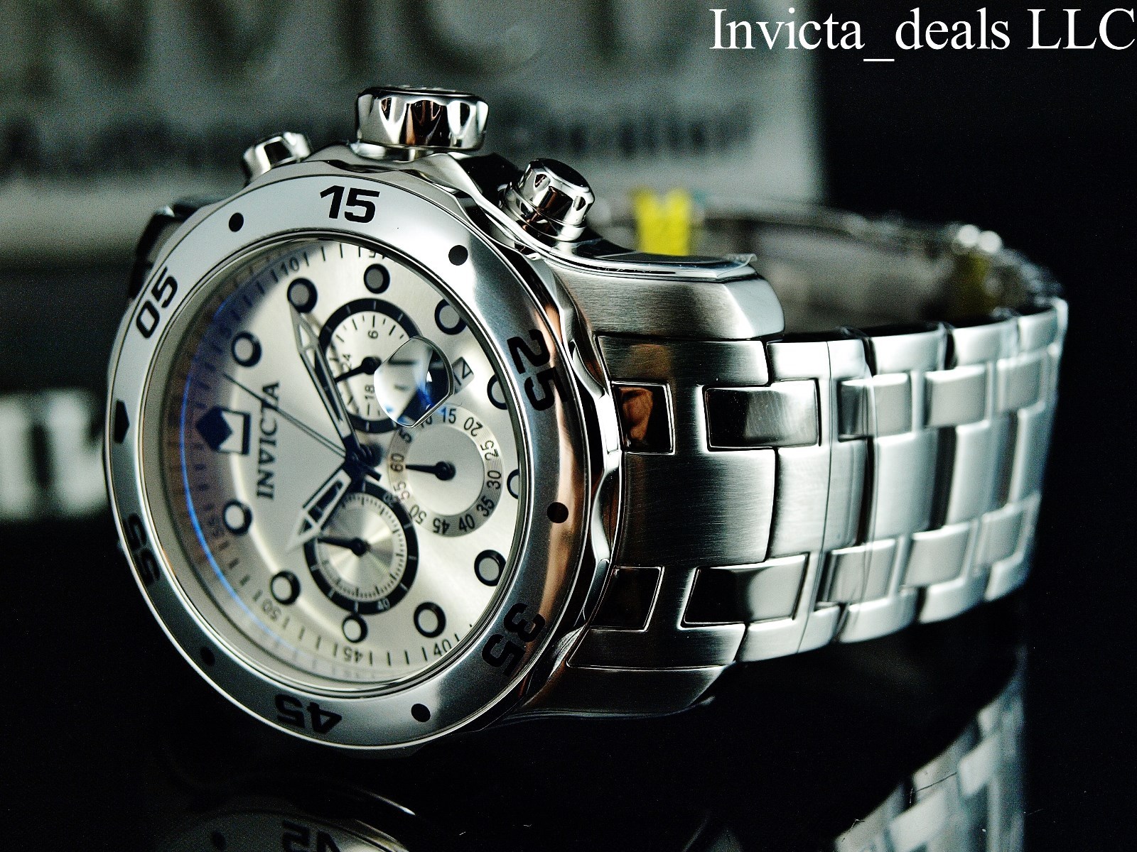 Invicta Men’s 48mm Pro Diver SCUBA Chronograph SILVER DIAL All Silver Tone Watch