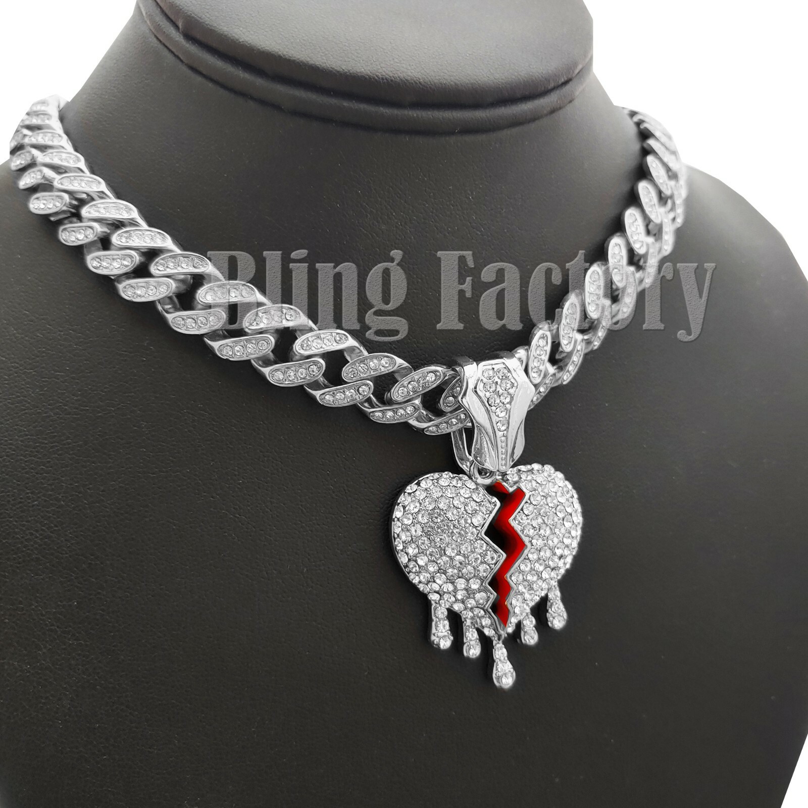 Silver Plated Alloy Drip Broken Heart Iced Cubic Zirconia Cuban Chain Necklace