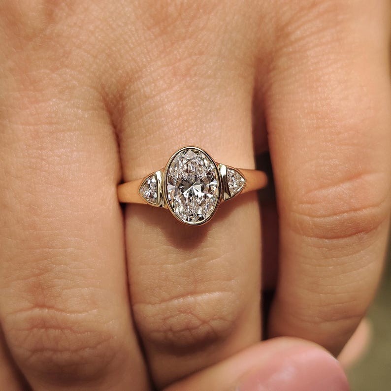 Oval Cut Lab Grown Diamond Three Stone Ring Full Bezel Set Engagement Ring IGI