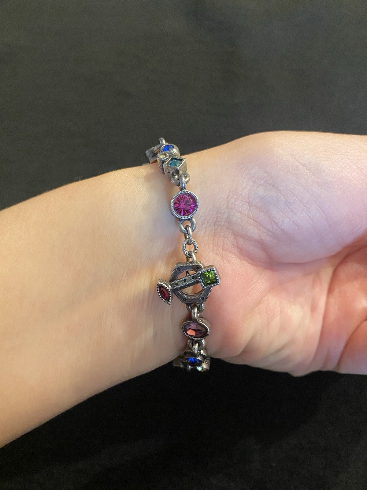 Patricia Locke Signed Crystal Link Bracelet Multi Color Swarovski Silver Tone