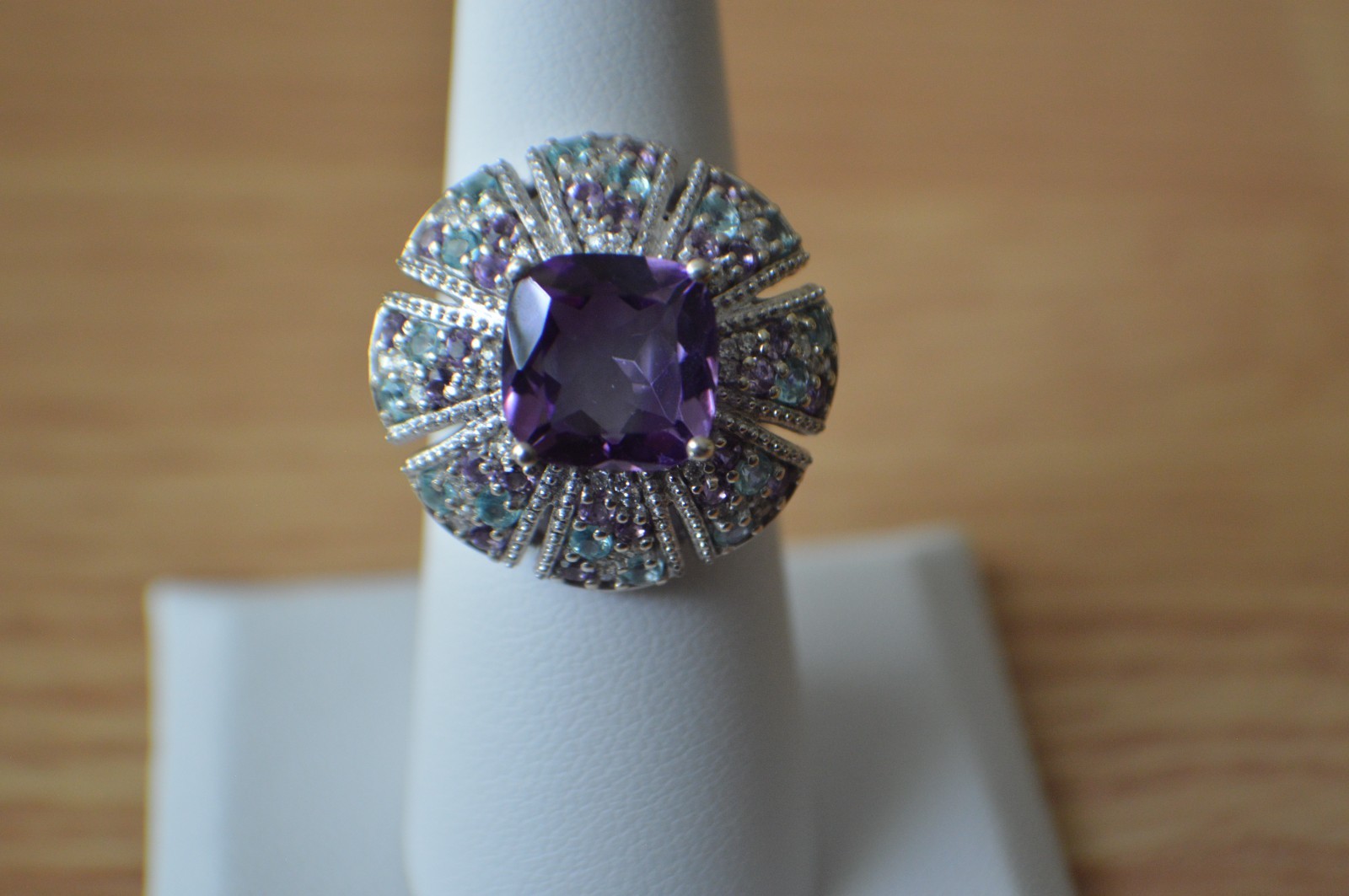 5.85ct Morrocan Rose Quartz / Multi Gemstone Ring Rhodium over Silver Size 7