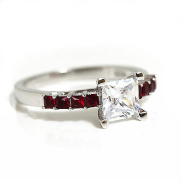 Thin Red Line Ring 6mm Princess Cut CZ w 8 Red Accents Sterling Silver Sz 5 – 10
