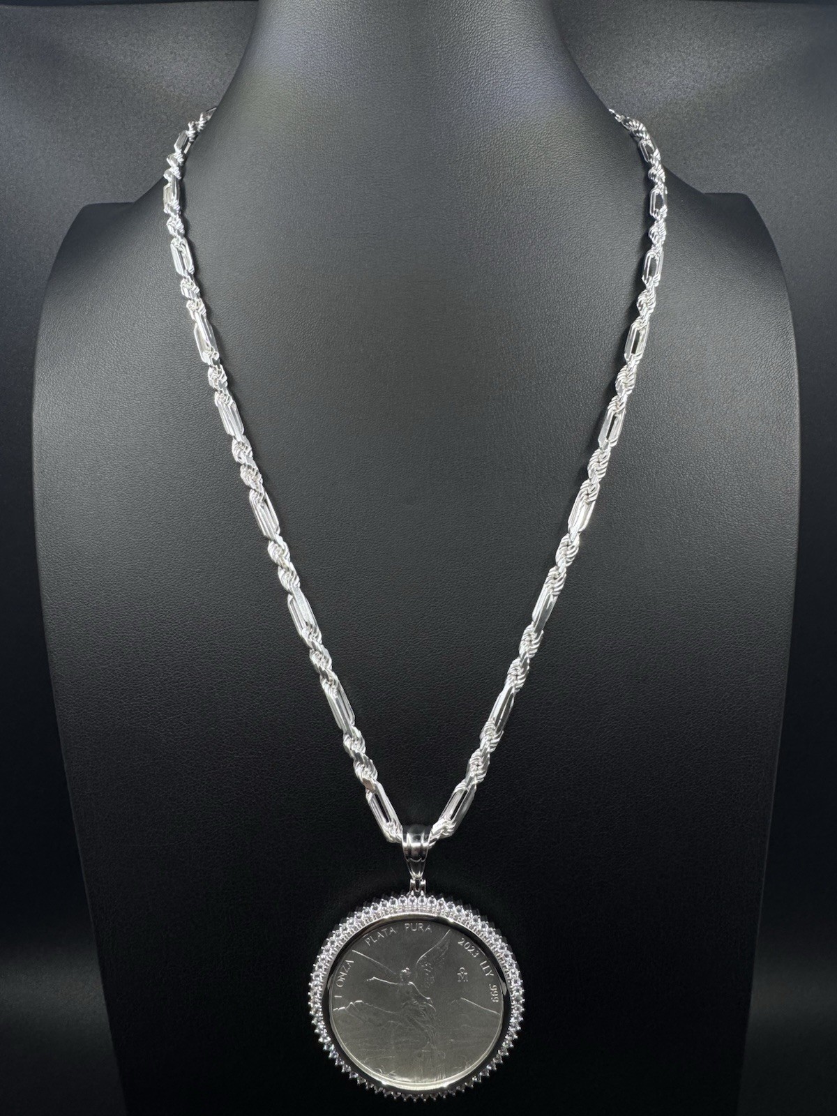 1oz 999 Libertad Centenario Coin with 925 Figarope Milano Chain Set CZ Bezel 24″