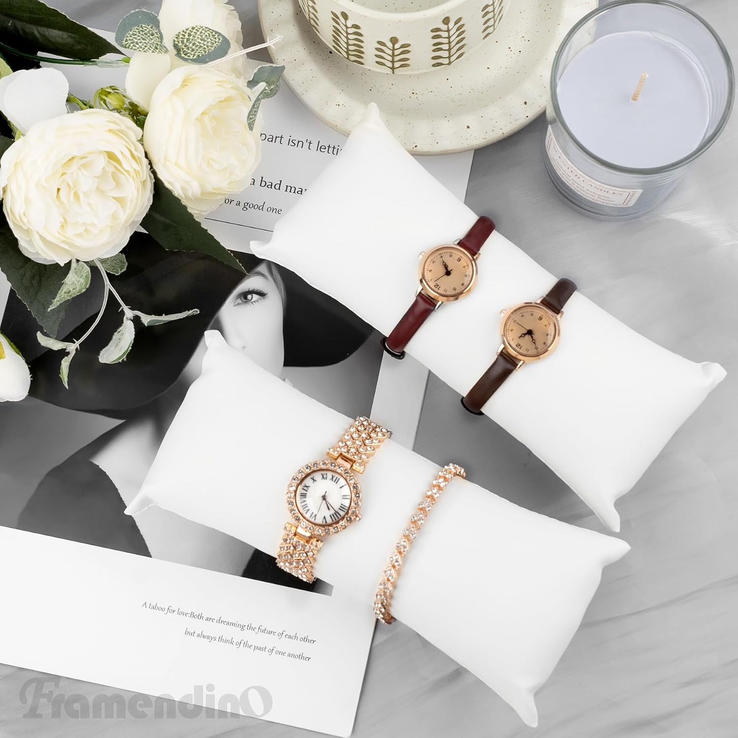 Framendino, 2 Pack White Long Watch Display Pillow PU Leather Bracelet Bangle