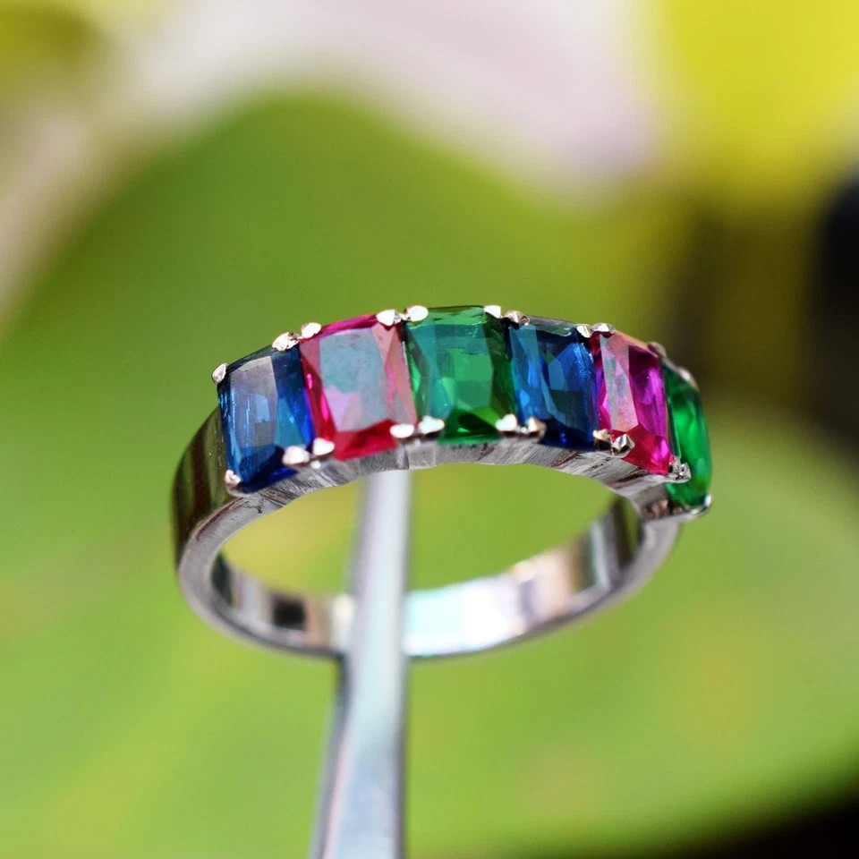 6×4 MM Created Sapphire Ring Half Eternity Band 925 Sterling Silve
