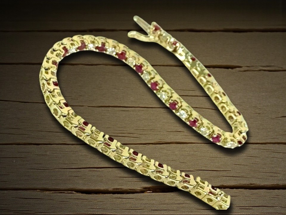 9Ct Moissanite Ruby & Diamond Women 7.5″ Tennis Bracelet Vermeil gold Finish