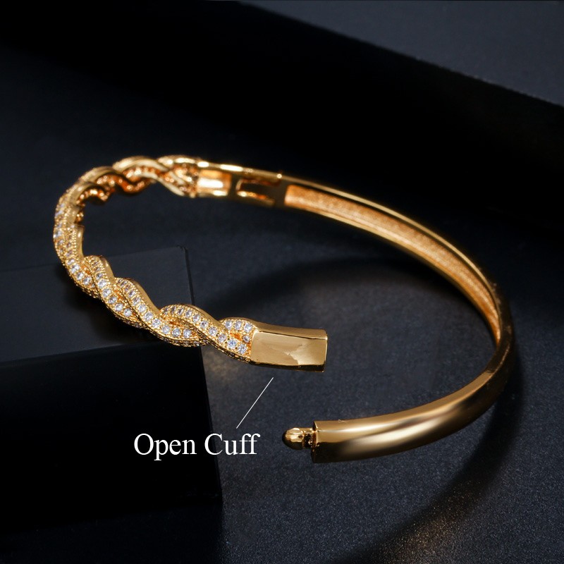 Silver Plated CZ Micro Paved Twisted Bangle Bracelet and Ring Bridal Jewelry Set