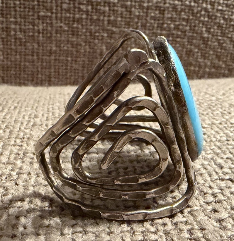 Handcrafted Silver Tone Openwork Oval Blue Cabochon Stone Cuff Bracelet