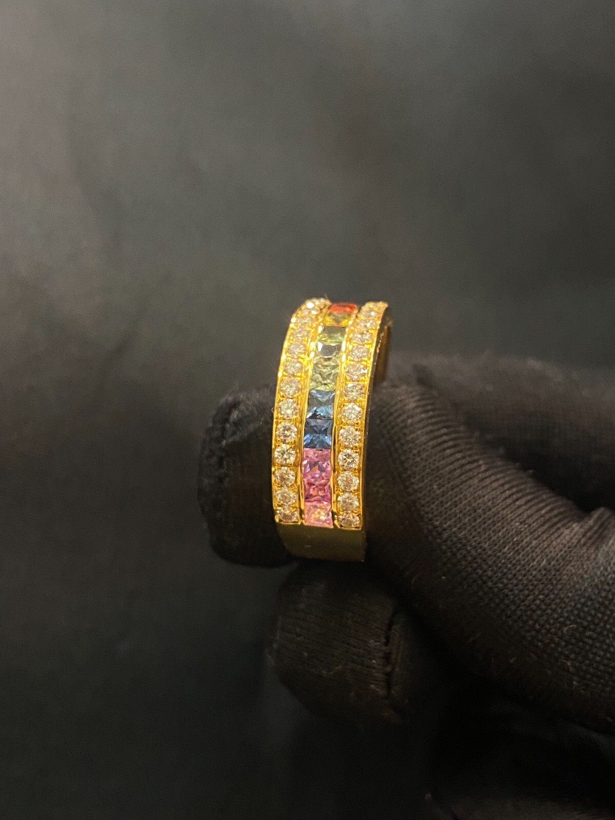 2.52 TCW Round Brilliant Diamonds Multi Color Princess Sapphire Ring in 18K Gold