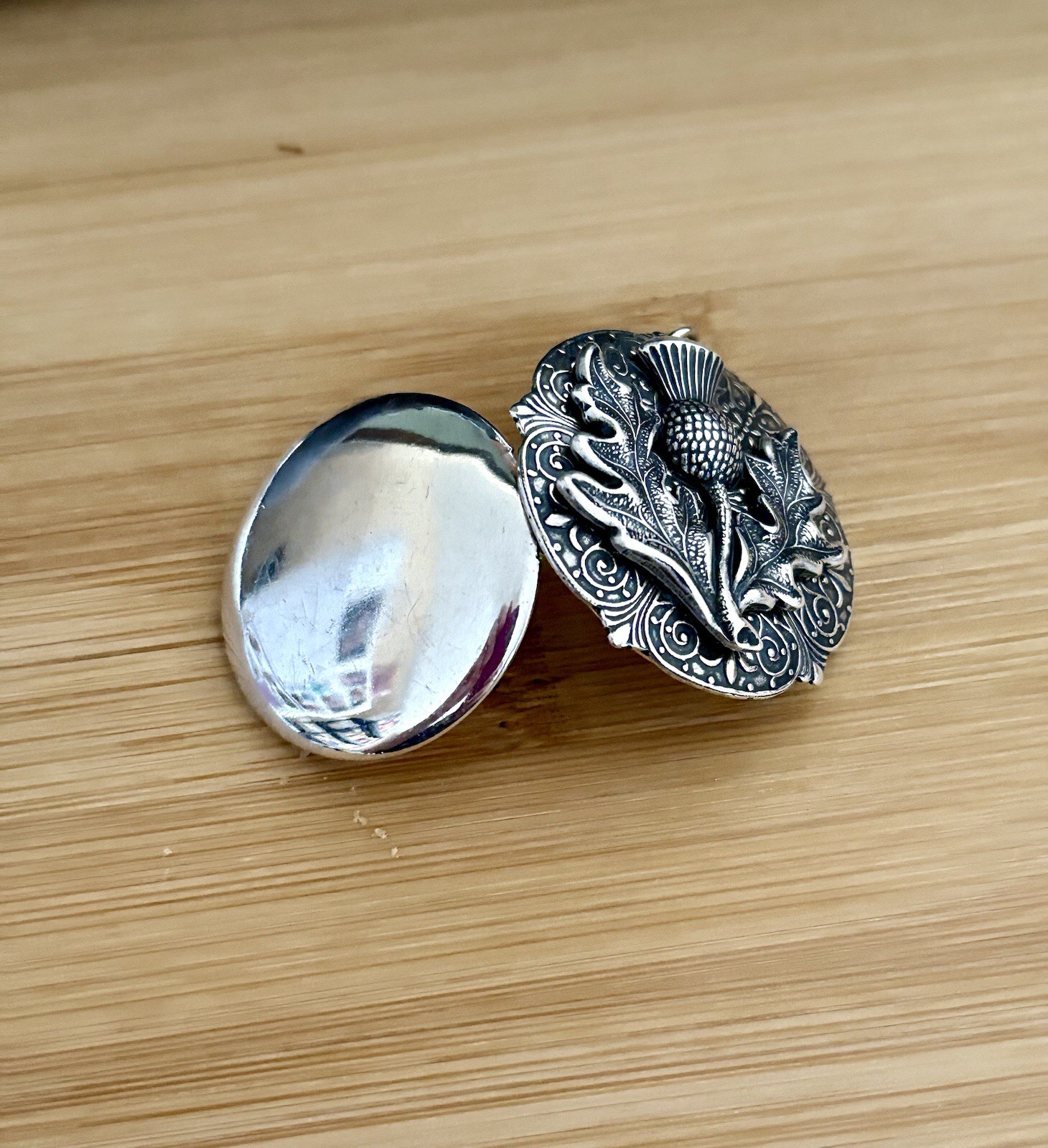 Thistle Hidden Locket Necklace, Silver Celtic Vintage Pillbox Stash Box Pendant