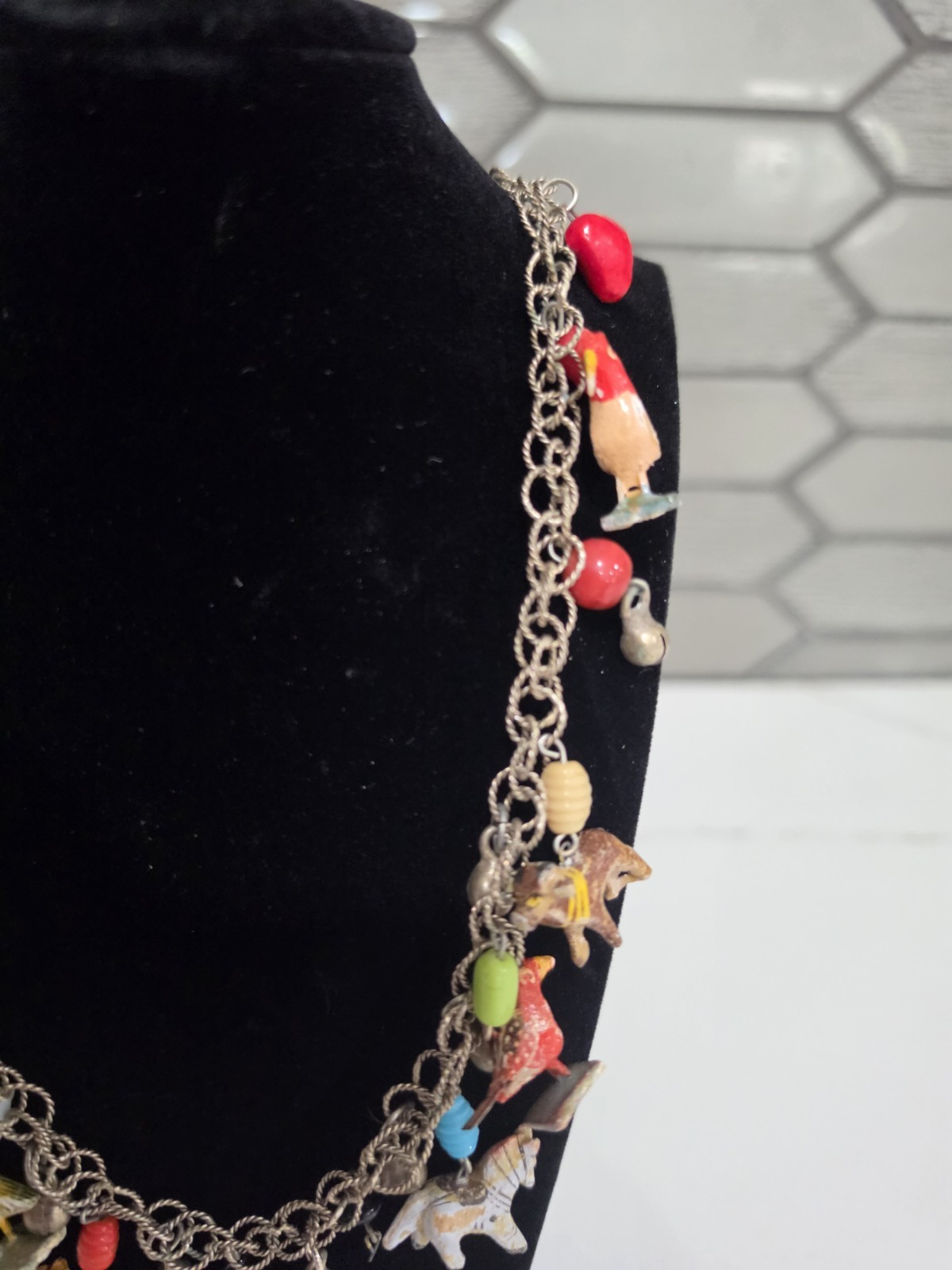 Vintage Tropicana Necklace Silver Wooden Animals Birds Chain Parrot Hearts 1960s