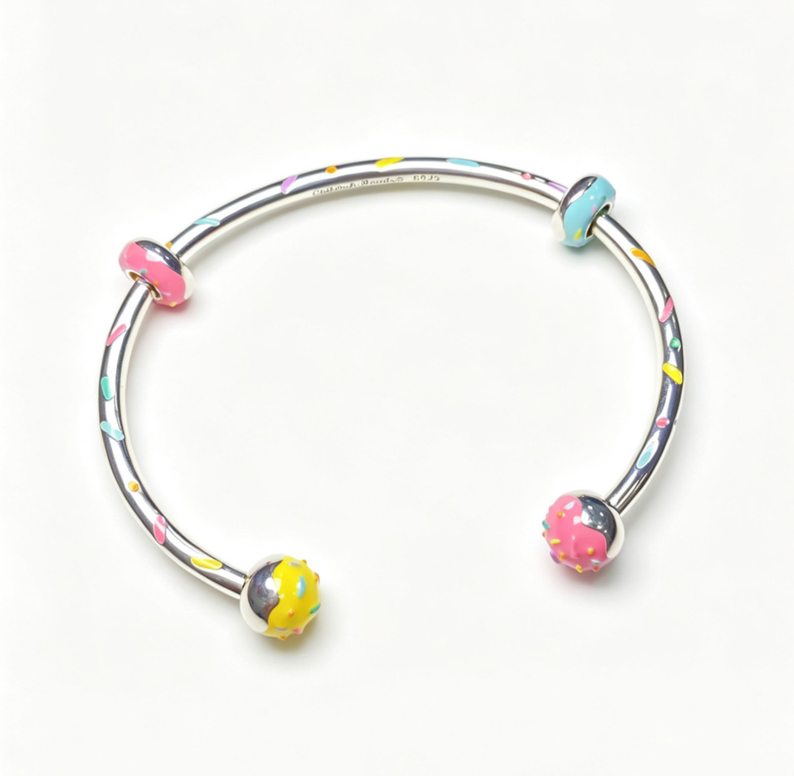 925 Sterling silver donut bangle with 2 stoppers cuff bracelet fit wrist 15-17cm