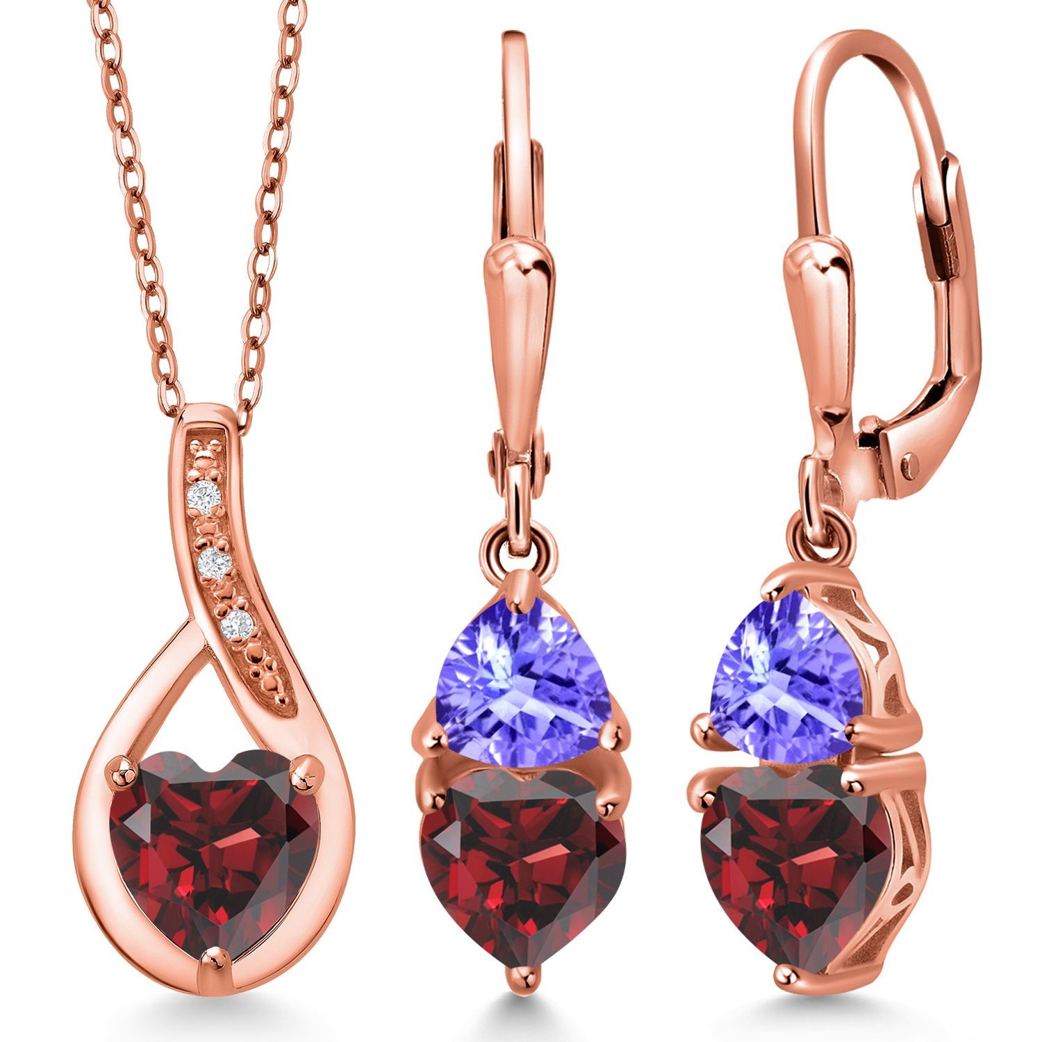 18K Rose Gold Plated Silver Garnet and Tanzanite Pendant Earrings Set For Women