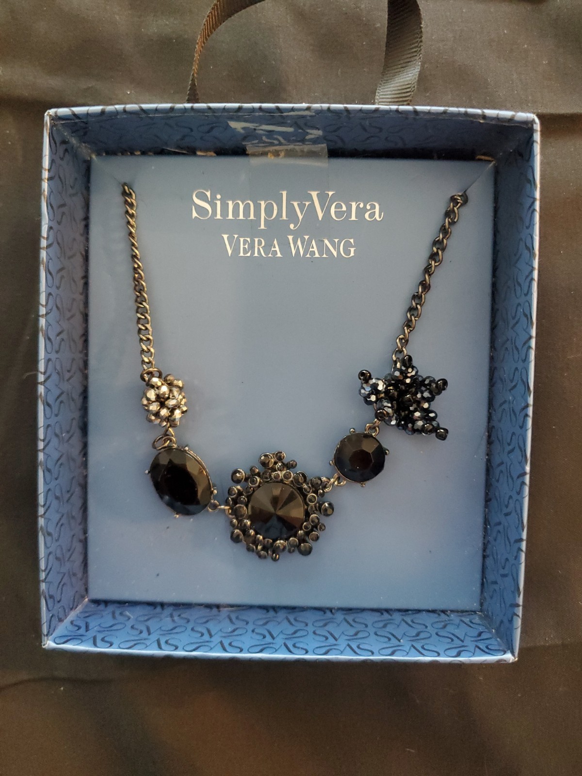 Vera Wang Black Simulated Stone Statement Necklace Jet Tone NIB