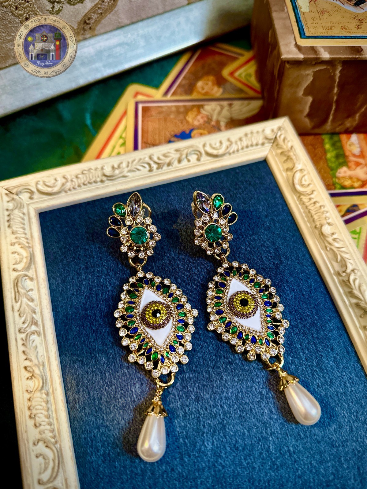 Mystic Eye Earrings Rhinestone Crystal Pearl Drop Gold Tone 925 Silver Posts