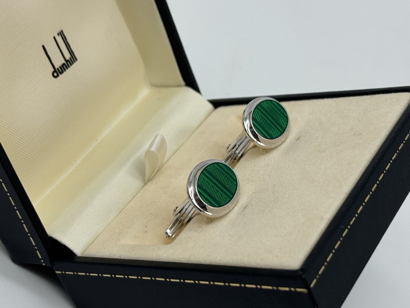 DUNHILL 925 SILVER GUILLOCHE GREEN ENAMEL CUFFLINKS MINT 100% GENUINE ~$550 RARE