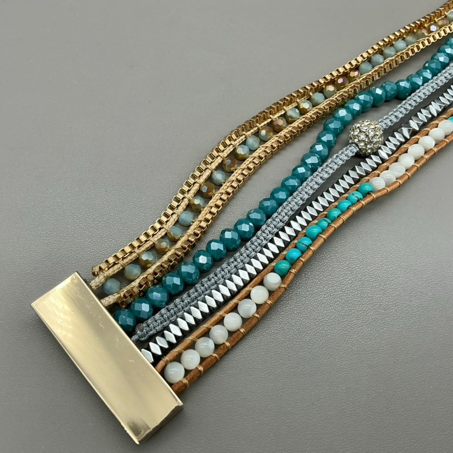 Victoria Emerson Bracelet Multi Strand Teal Beaded Crystal Leather Magnetic 7.5″