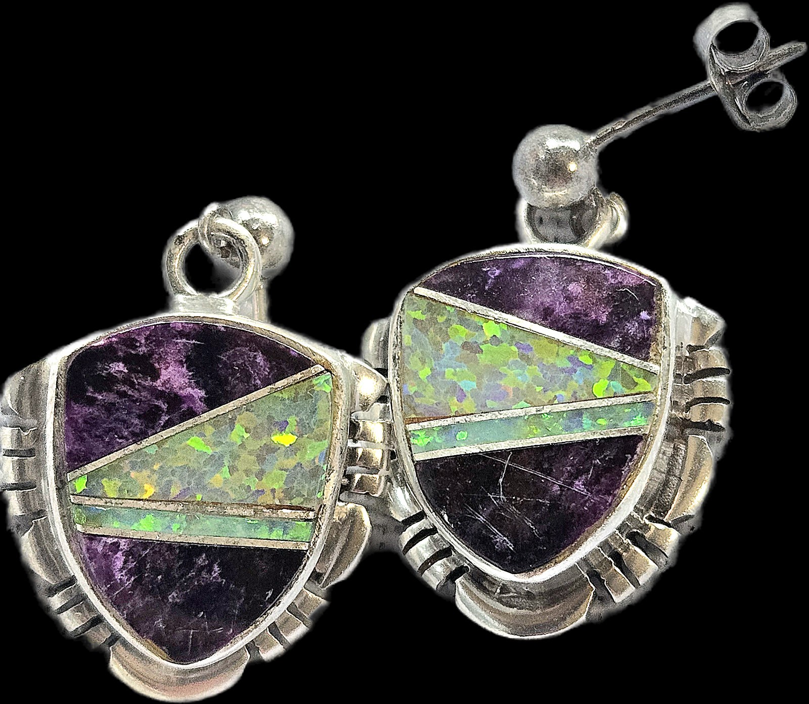 Authentic South Western Native American .925 Sugilite & Fire Opal Inlay Earrings