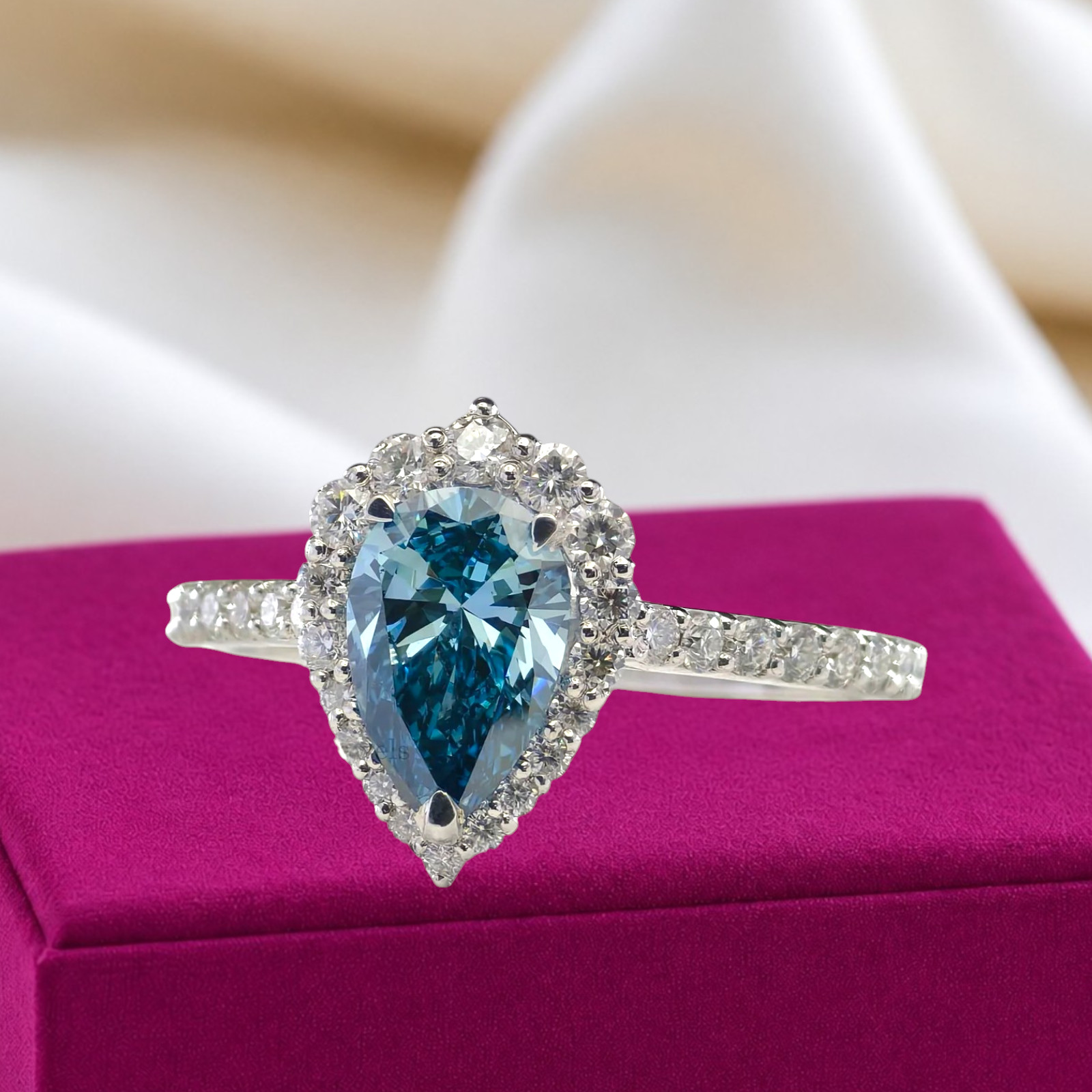 2.00 CT Pear Cut Lab Grown Fancy Intense Blue Diamond Women Ring 18K White Gold