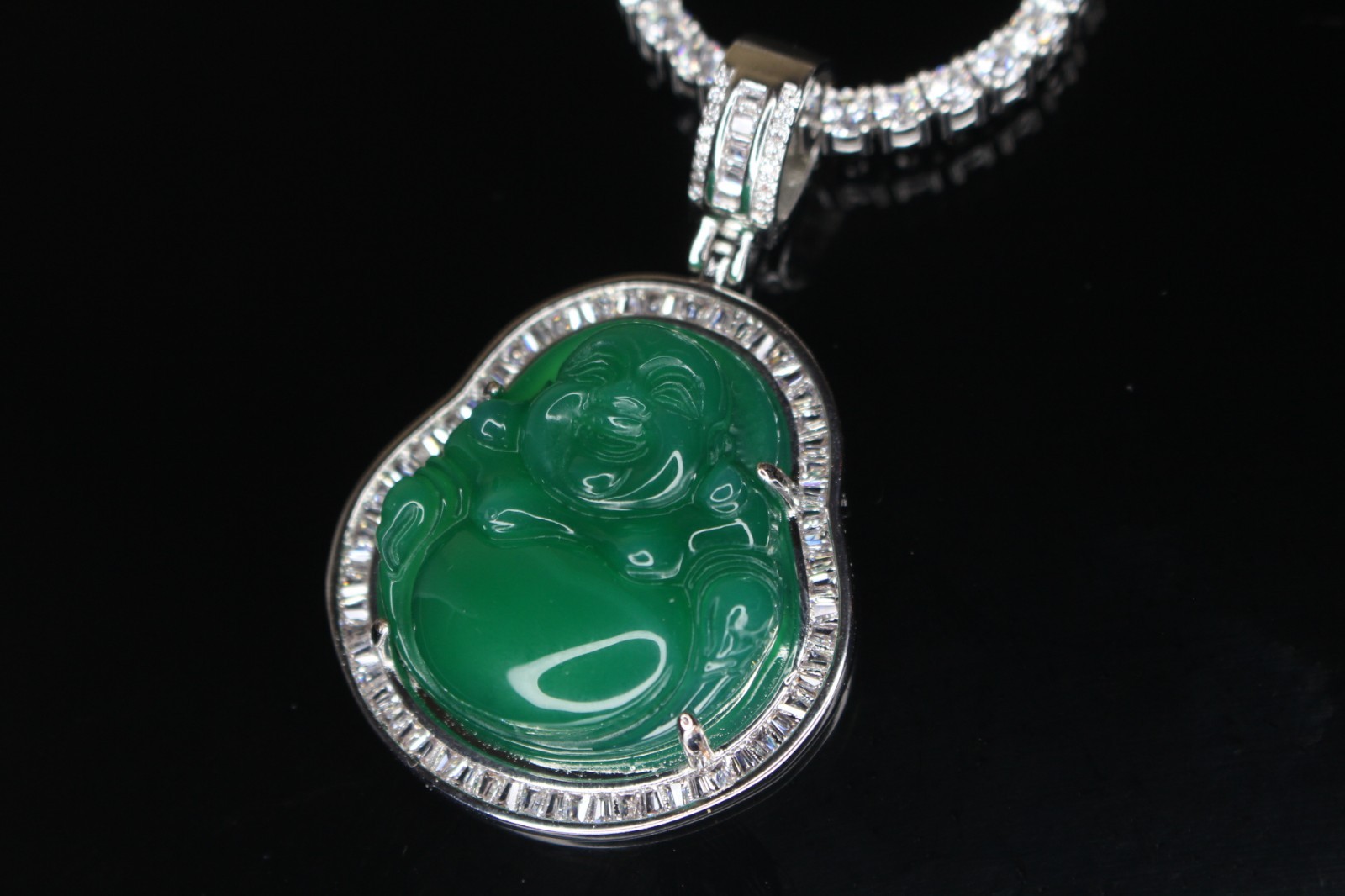 14k STAMPED Happy Buddha GREEN Jade Pendant TENNIS 44ct Lab Sim BAGUETTE Diamond