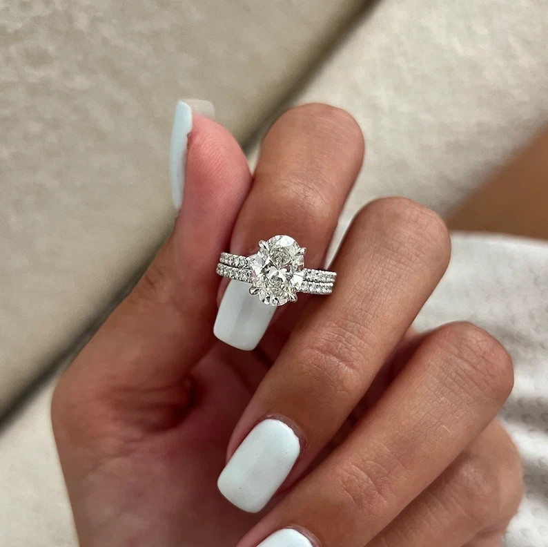 2.4 Carat Oval Set Diamond Ring Set Wedding Lab Grown IGI 14k White Gold VVS E F