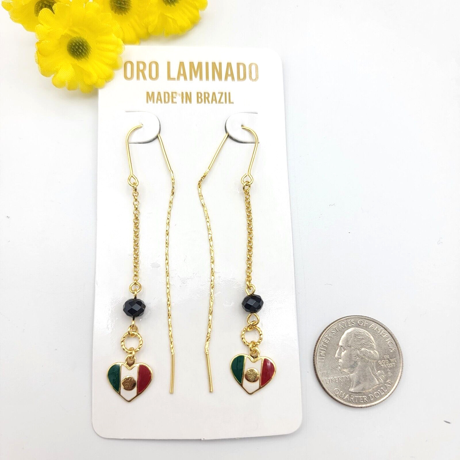 14K Gold Plated Mexico Mexican Flag Heart Thread Slide Earrings. Oro Laminado