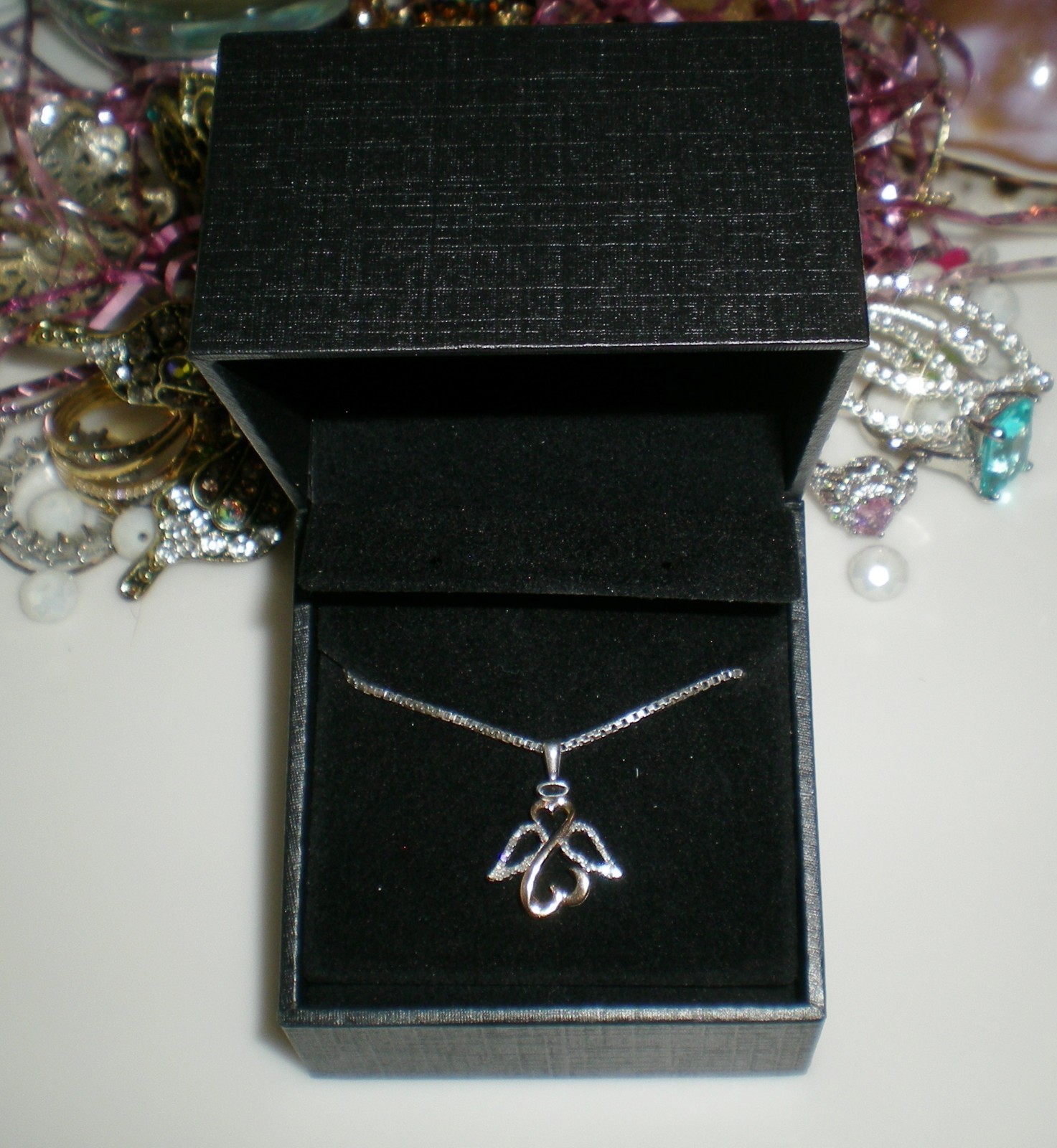 Jane Seymour Open Hearts 1/20ct SS 10K Rose Gold ANGEL Diamond Necklace KAY BOX