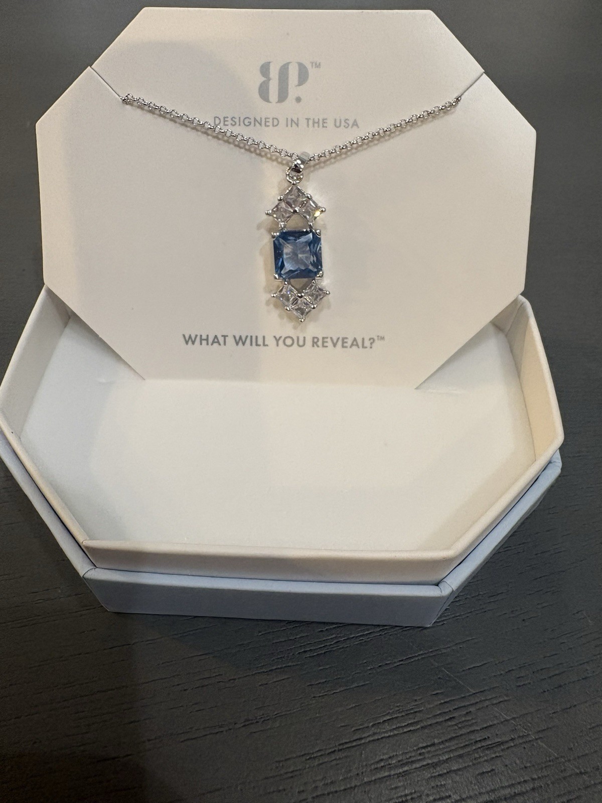BP Rhodium Plated Lab Blue Spinel CZ Rectangle Pendant Necklace 18″ NK77364