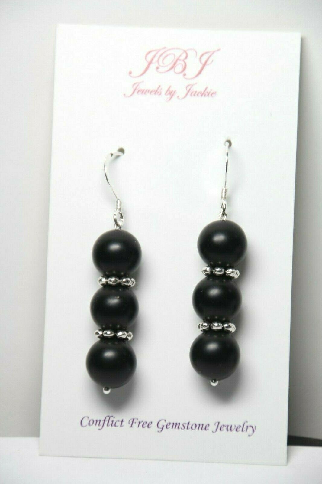 Graphite Earrings Black 10mm Ball Natural Gemstone 925 Sterling Silver 2″