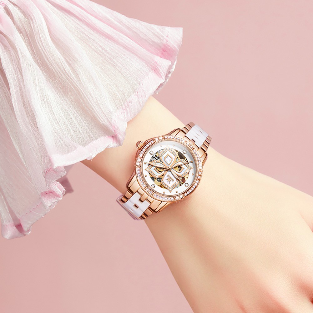 OLEVS 6612 Leather Ceramic Fashion Automatic Female Dress Mechanical Wristwatch