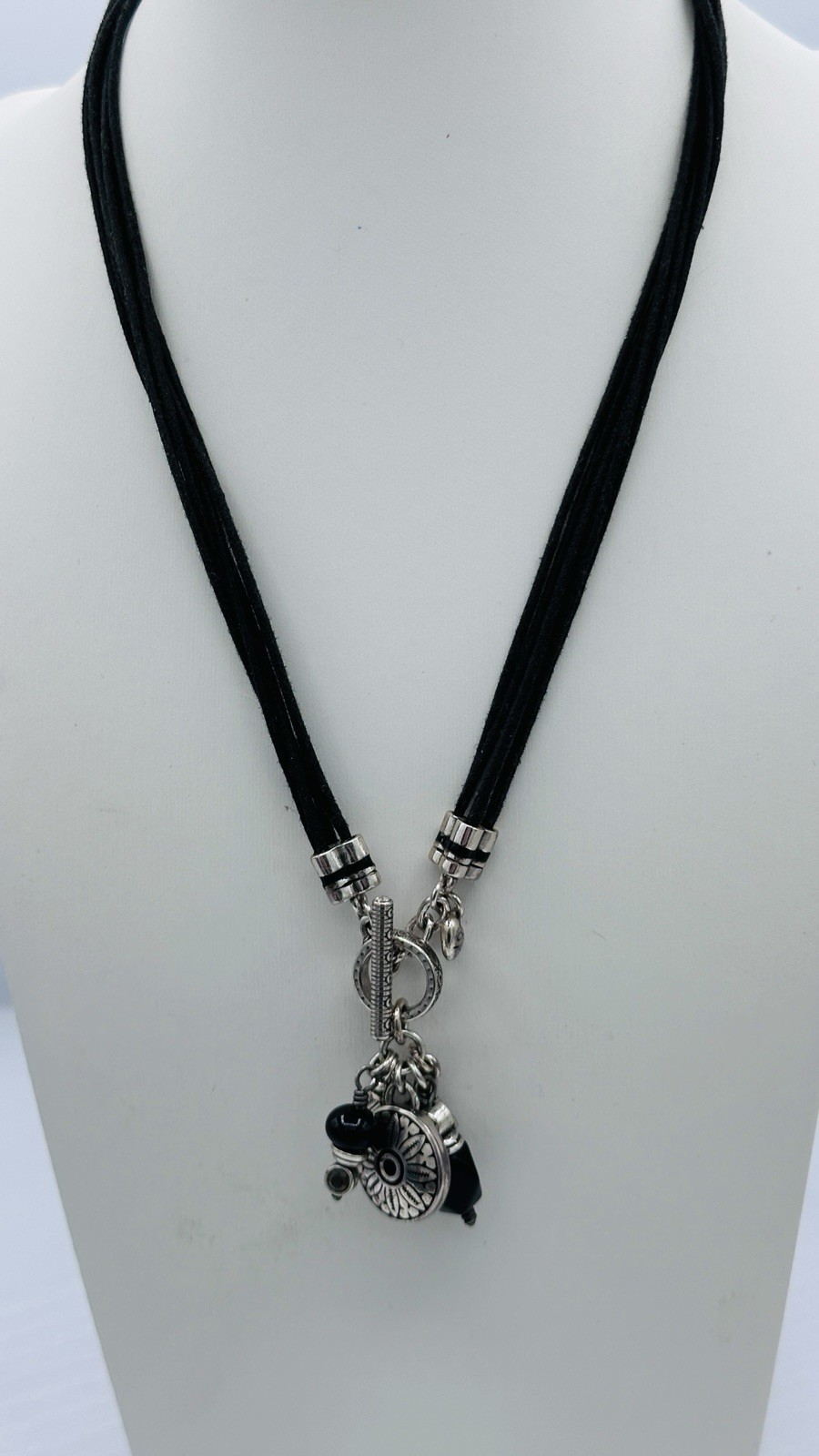 Brighton Charm Necklace Black Cord Multi Strand Toggle Southwest Medallion