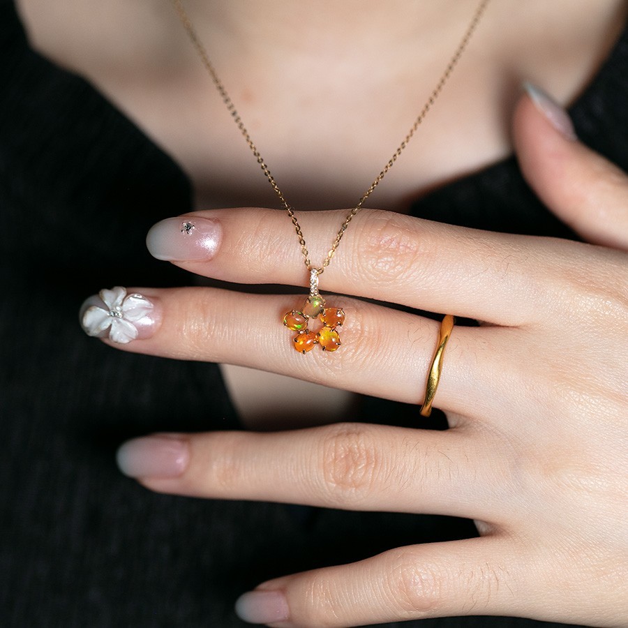 Flower Design Mexican Fire Opal Diamond Pendant Necklace 14k Yellow Gold