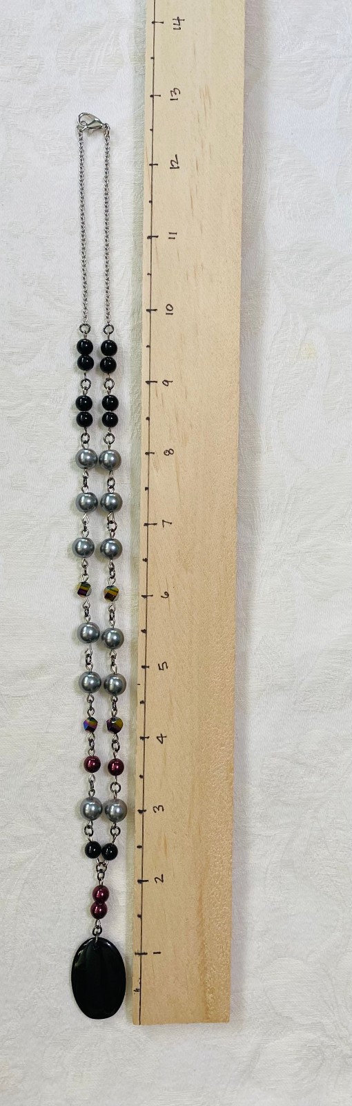 Handmade bead-link necklace gray burgundy black oval stone pendant