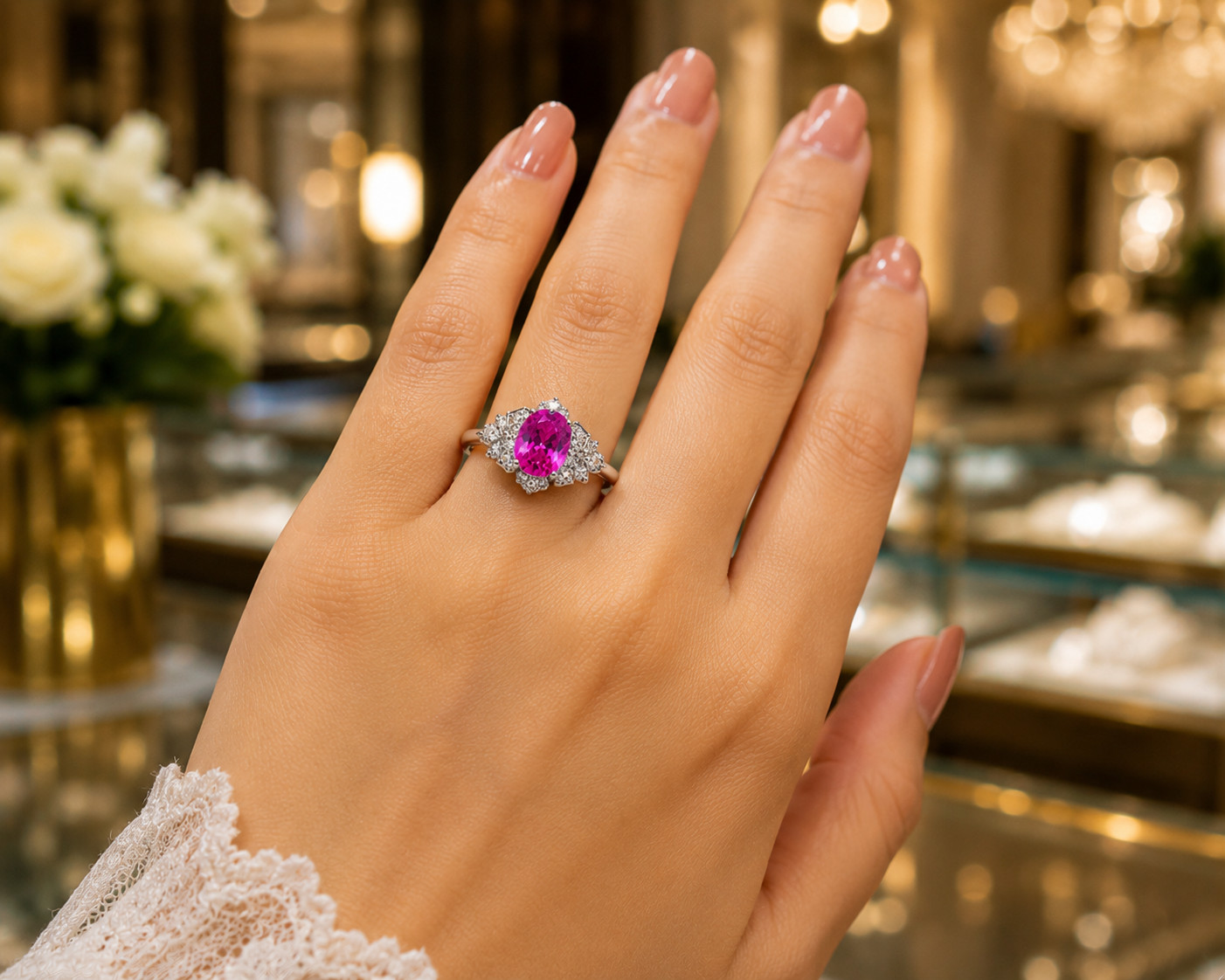 Natural Pink Sapphire & Diamond Wedding Gift Ring 14k White Gold 6 (Import Free)