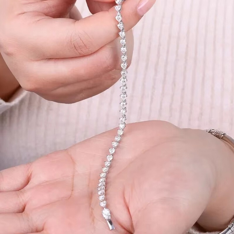 Full D VVS1 Real Heart Cut Moissanite Tennis Bracelet Chain 925 Sterling Silver